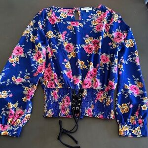 Floral Lace-Up Blouse in Blue and Pink